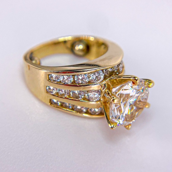 Gold Tone Round Cute Cubic Zirconia with Rows Stones Beneath Ring - Picture 7 of 8